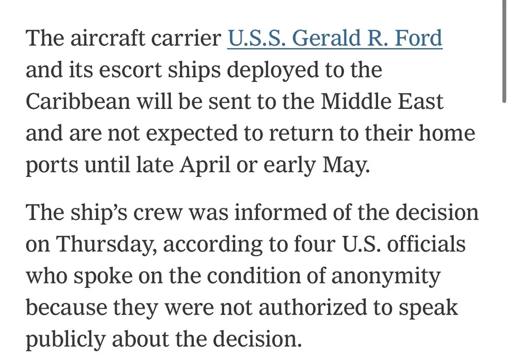 Авианосец Ford может прибыть в Средиземное море за 12–18 дней