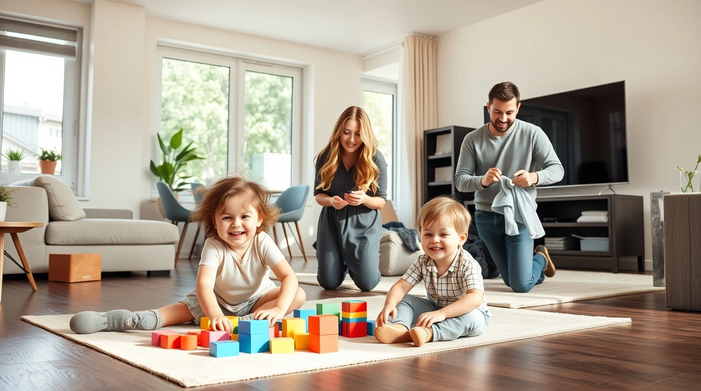 Счастливая семья играет на полу в чистом доме: советы по гигиене