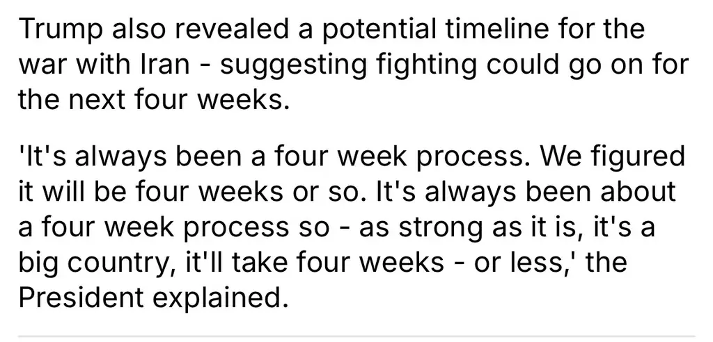 Трамп: операция против Ирана займёт около четырёх недель