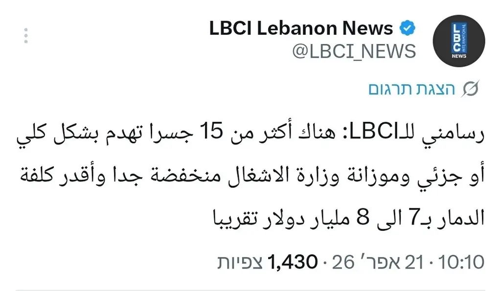 Министр общественных работ Ливана: стоимость восстановления мостов — $7-8 млрд