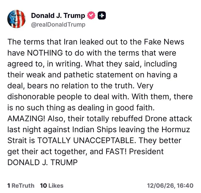 Трамп: Условия, которые Иран слил в СМИ, не имеют отношения к реальности